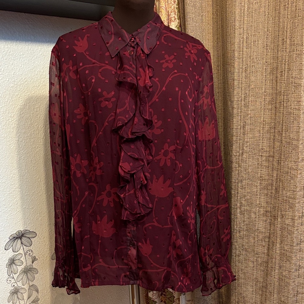 Apart Impressions burgundy long sleeve ruffle floral button-up blouse. Size 14.